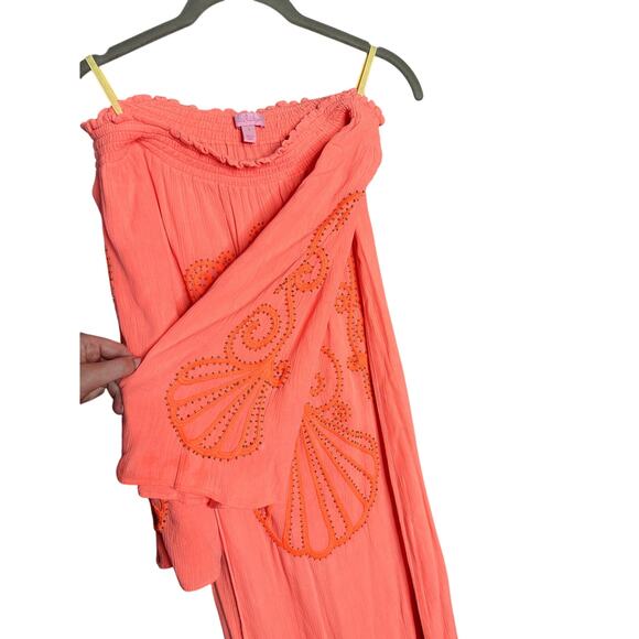 Lilly Pulitzer Nita Maxi Dress Off The Shoulder Guava Melon Beaded Size Small - Picture 7 of 11